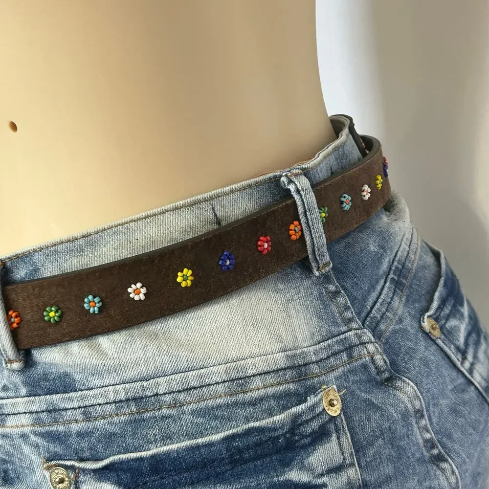 Brown Suede Leather Belt Multicolor Seed Bead Floral Boho Western 33” Waist
